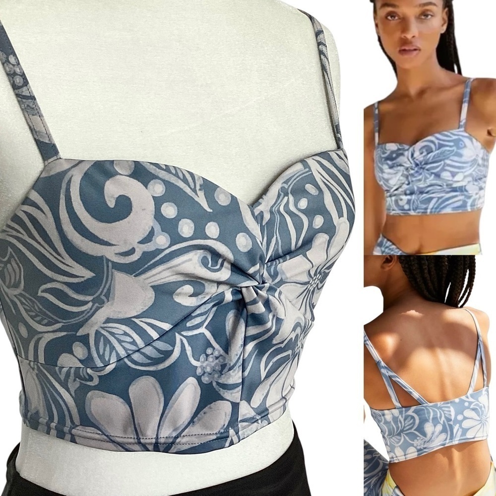 Free People Double Take Printed Crop Tank Top Blue White Floral Cami New Sz Med